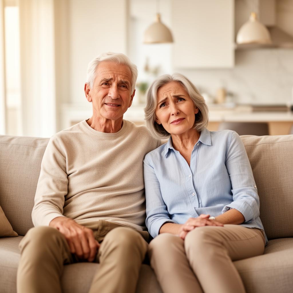 Relieved older couple at home after reviewing their timeshare options with TimeshareOut